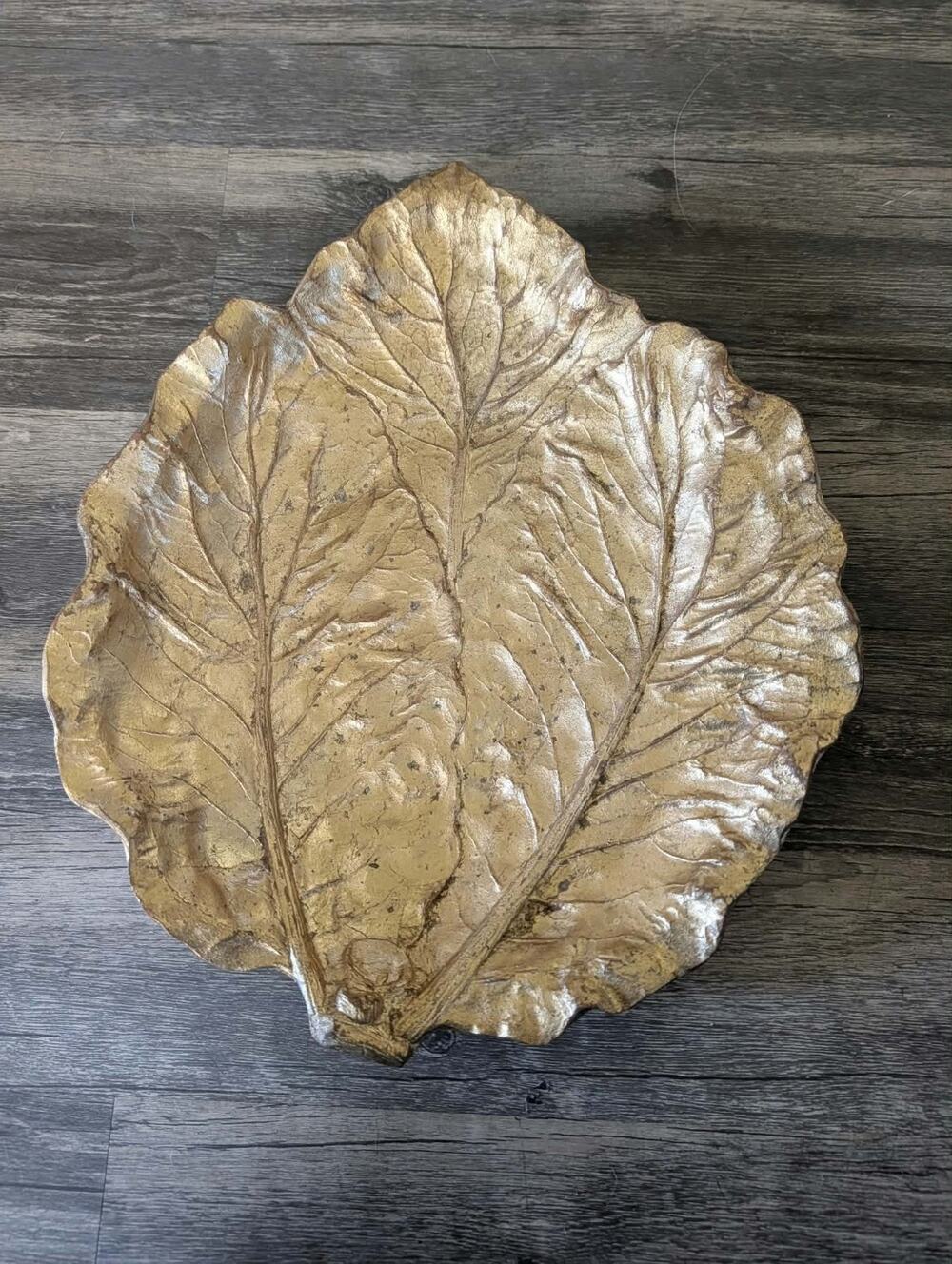 Large Autumn Fall Gold On Metal Leaf Tray Platter Made In Italy Centerpiece 15"